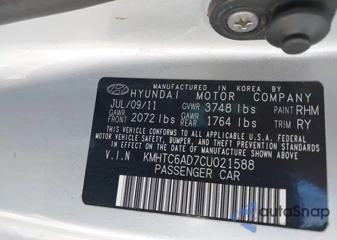 2012 Hyundai Veloster Base W/Gray z USA, uszkodzony, nr VIN KMHTC6AD7CU021588